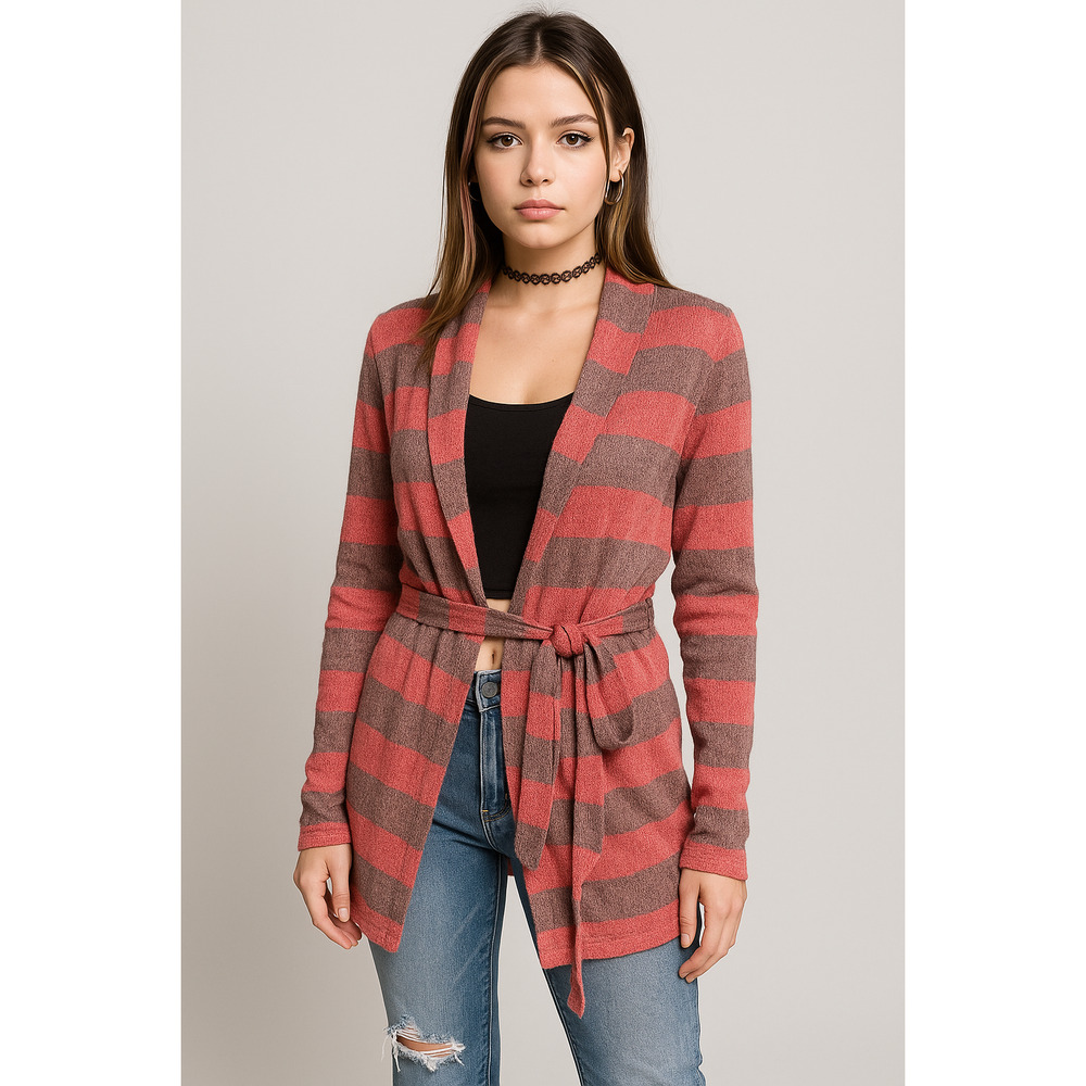 Y2K Preppy Pink Brown Striped Knitted‎ Belted Medium Length Sweater Cardigan Lg